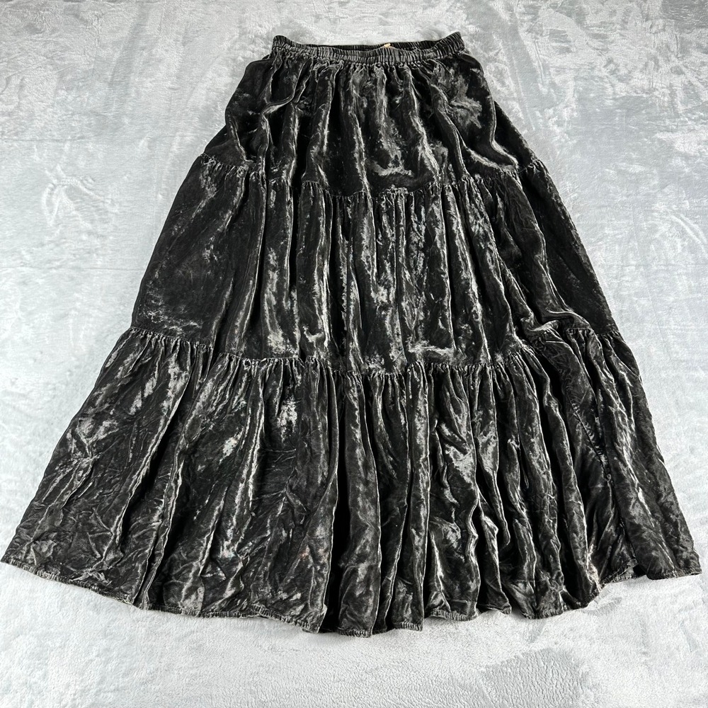Double D Ranchwear Crushed Velvet Maxi Skirt Womens Small Gray Tiered Boho